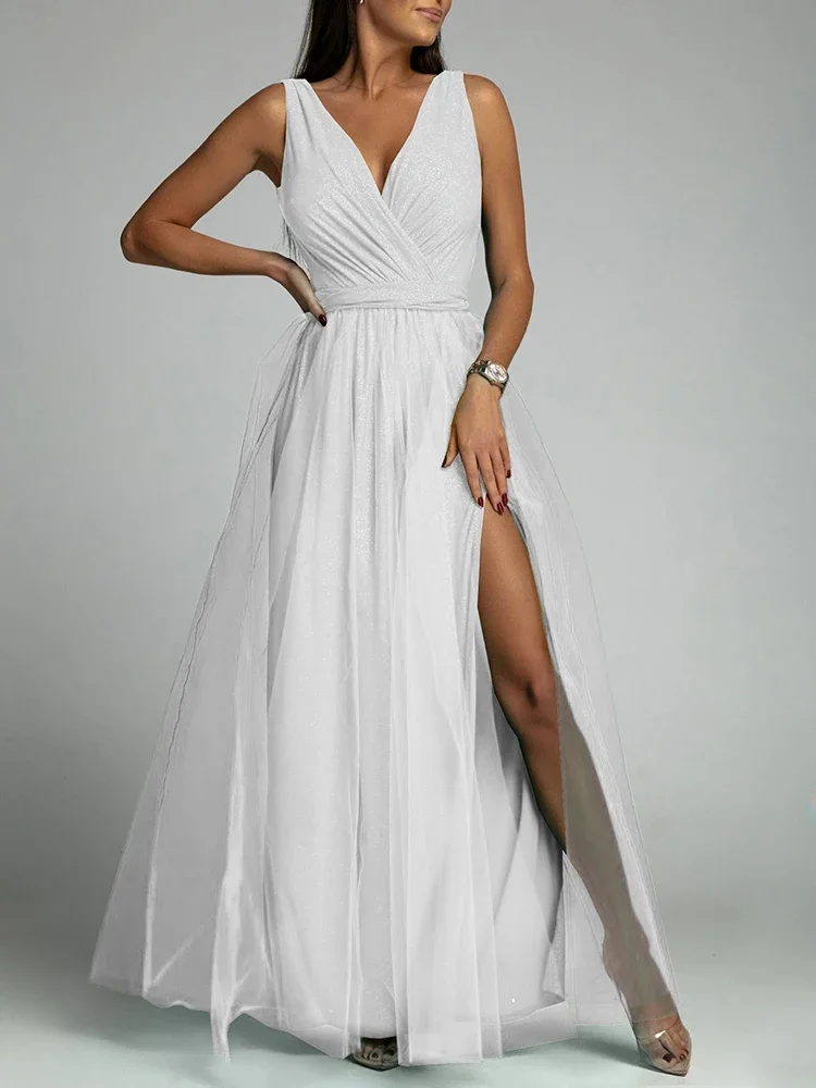 Spaghetti Strap High Waist Women Party Solid Dress Summer V Neck Casual Long Dress Elegant Chic Femme Backless Loose Club Dress