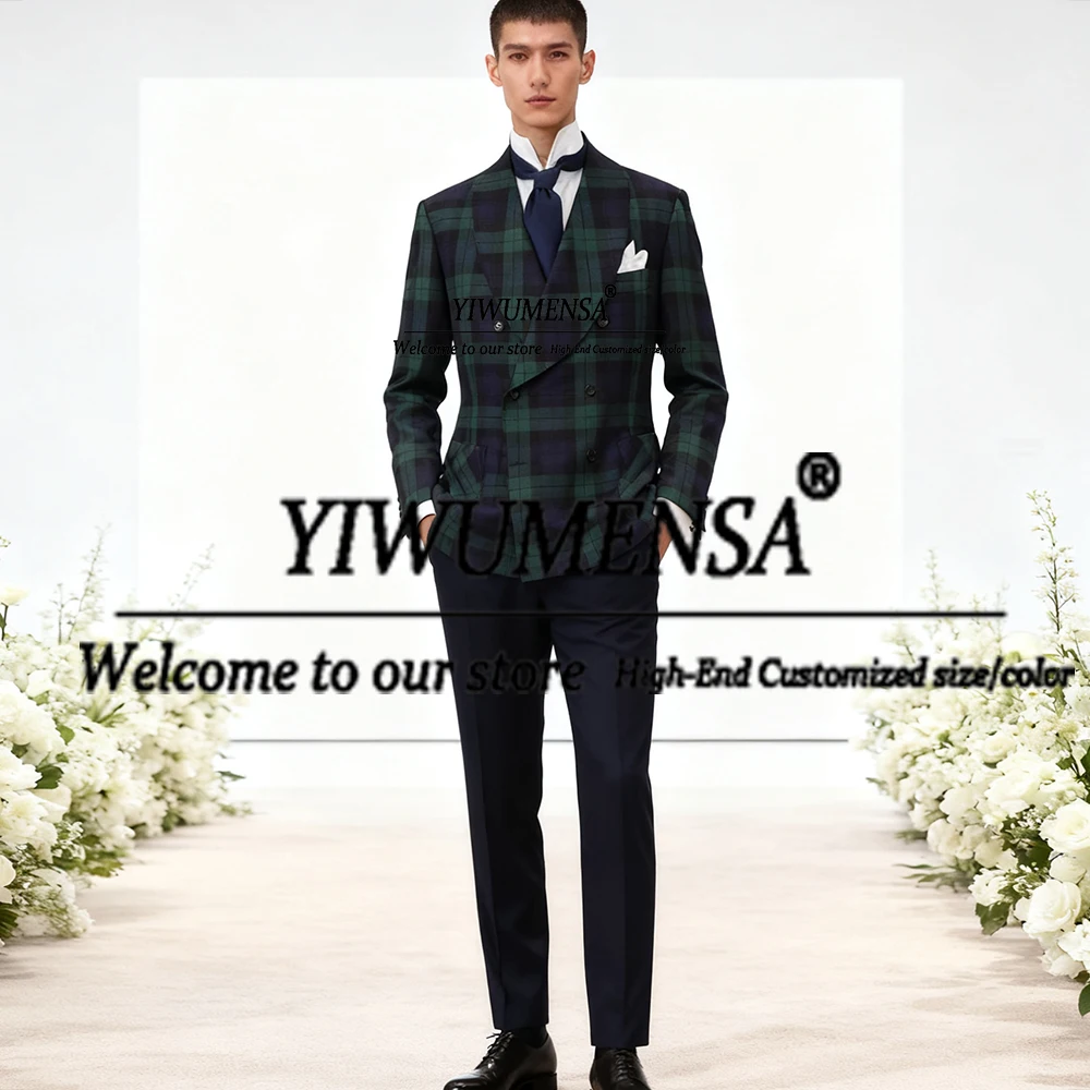 Classic Plaid Check Suits Men For Business Party Shawl Lable Blazer Pants 2 Pieces Sets British Style Groom Dinner Tuxedo Attire