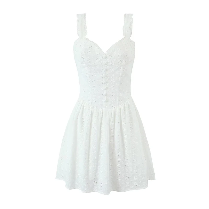 

YENKYE Sexy Women Fashion Hollow Out Embroidery Sling White Dress Summer Sleeveless Low Waist Female Party Mini Dresses