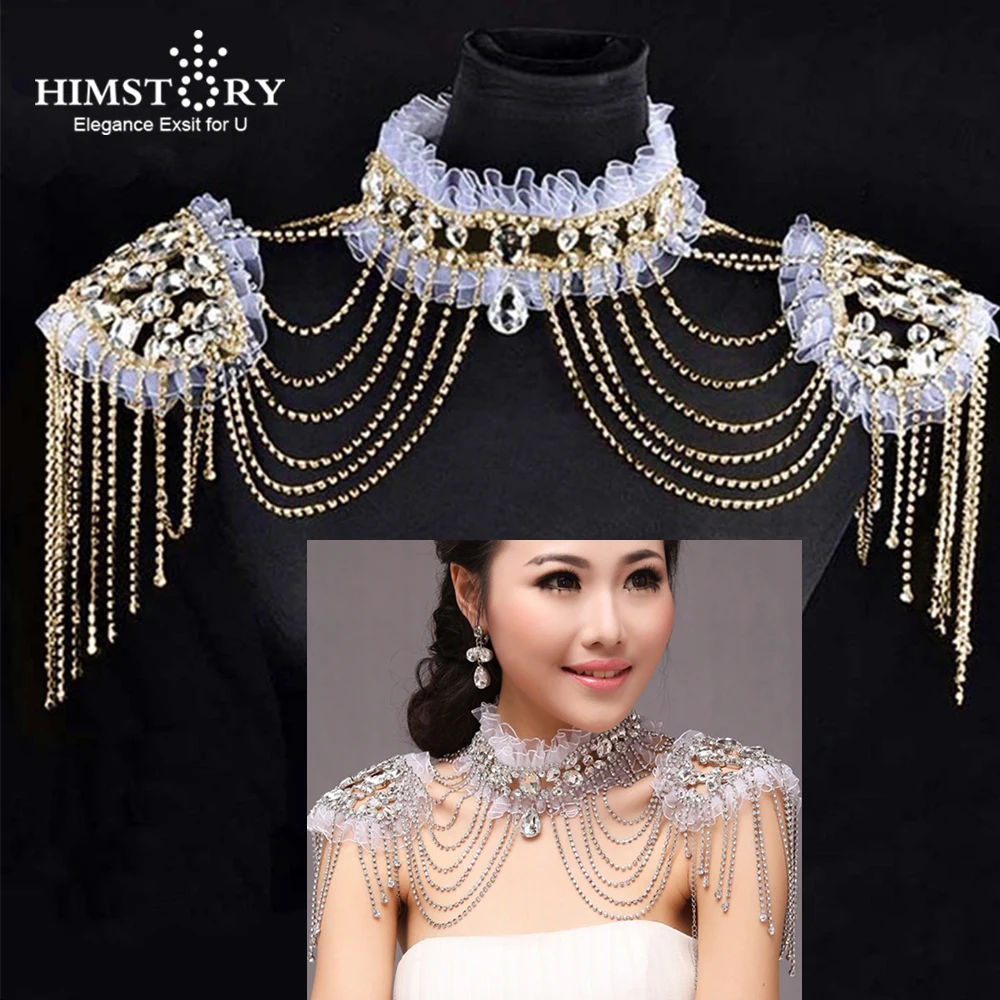 HIMSTORY Fashion Shinny Shoulder Necklace Rhinestone Crystal Lace Bridal Jewelry Pageant Prom Wedding Body Chain