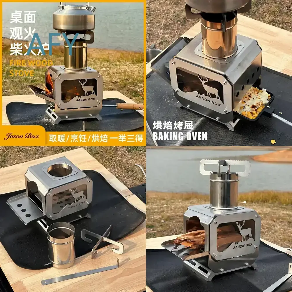 Jensen Outdoor Fireplace Table Wood Burning Stove Charcoal Grill for Camping Tent Heating Portable Stainless Steel Folding