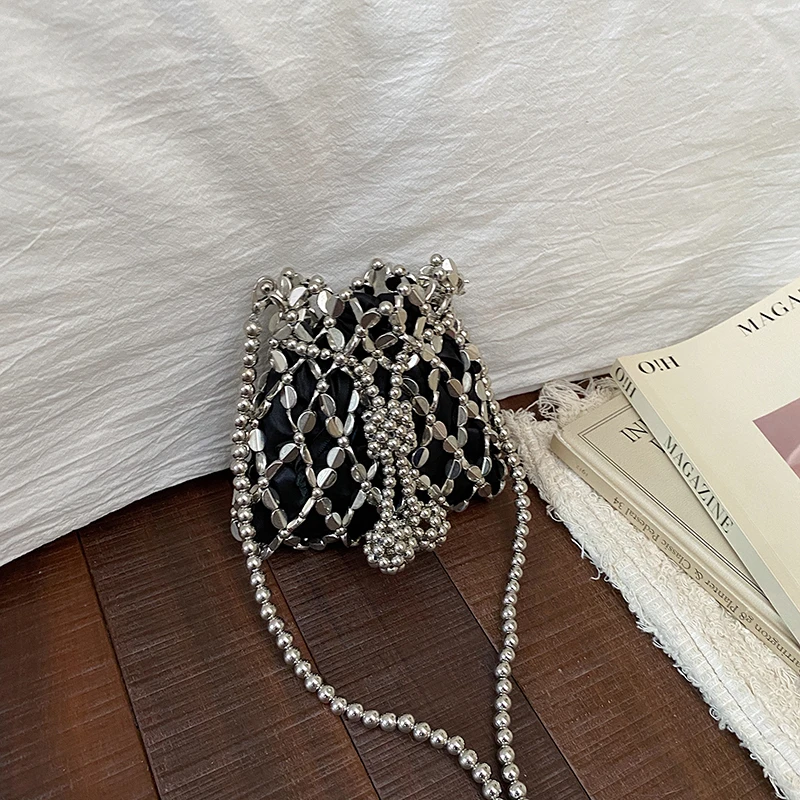 Sparkling Silver Beaded Bucket Bag Women's Handmade Metal Mesh Crossbody Purse Mini Evening Bag with Chain Strap