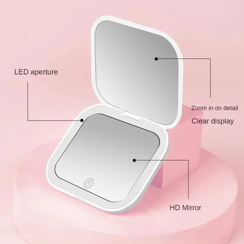 Compacte Mini Led Licht Make-Up Spiegel Met 2x Vergrotende Draagbare Handzak Reizen Opvouwbare Vrouwen Cosmetische Zakspiegel