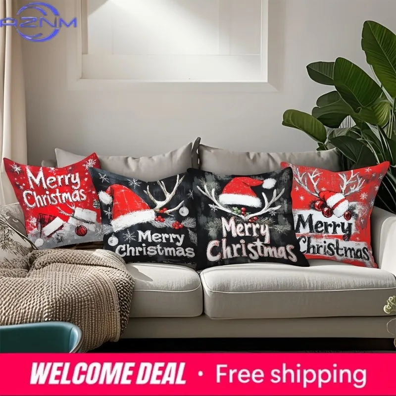 Home Decor Merry Christmas Decorative Pillow Covers Set Pattern Cushion Cover Suitable For Sofa Bedroom Car Pillow Cover