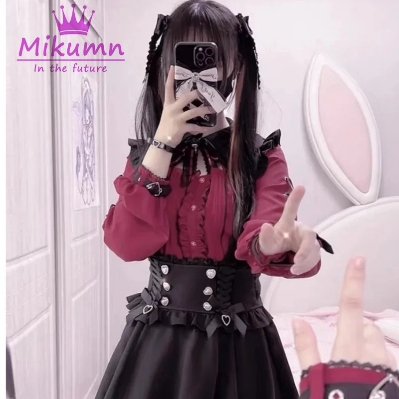 Mikumn Harajuku Kawaii Lolita Shirts Women Y2k Japanese Sweet Bow Lace Hollow Out Bat Collar Black Red Gothic Blouse Elegant Top