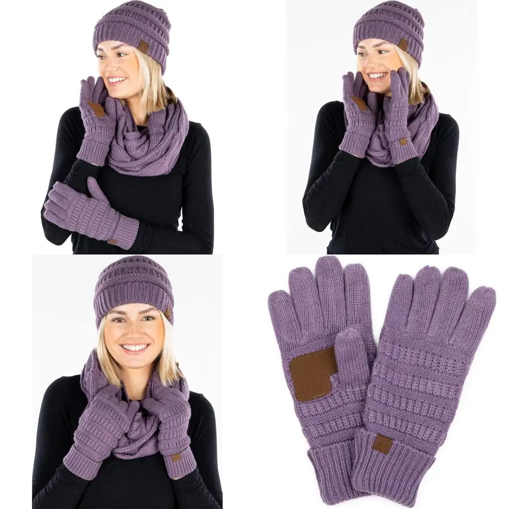 Damski zimowy zestaw: dziergana czapka, szalik i rękawiczki - prążkowana czapka beanie, szalik typu infinity i ciepłe mitenki na zimne dni