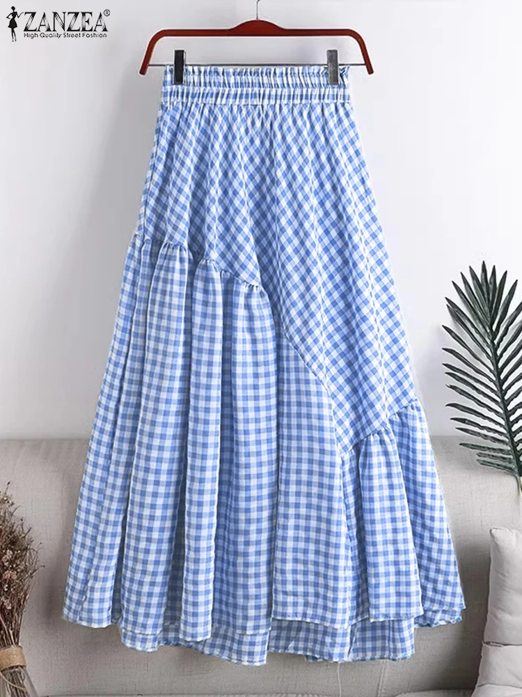 

Fashion Women Checked Long Skirt Summer Holiday Sundress ZANZEA Casual Elastic Waist A-line Faldas Saia Loose Maxi Skirts Jupe