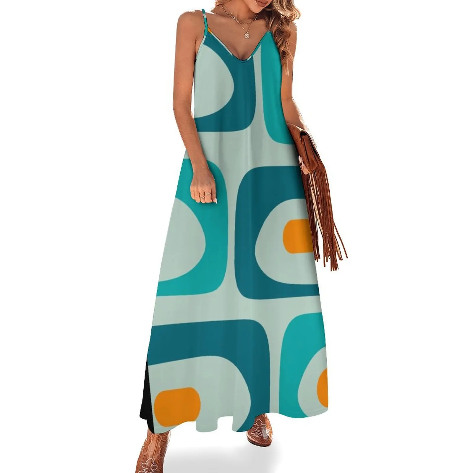 

Mid Century Modern Piquet Abstract Minimalist Pattern Teal Aqua Orange Sleeveless Dress birthday dresses for women