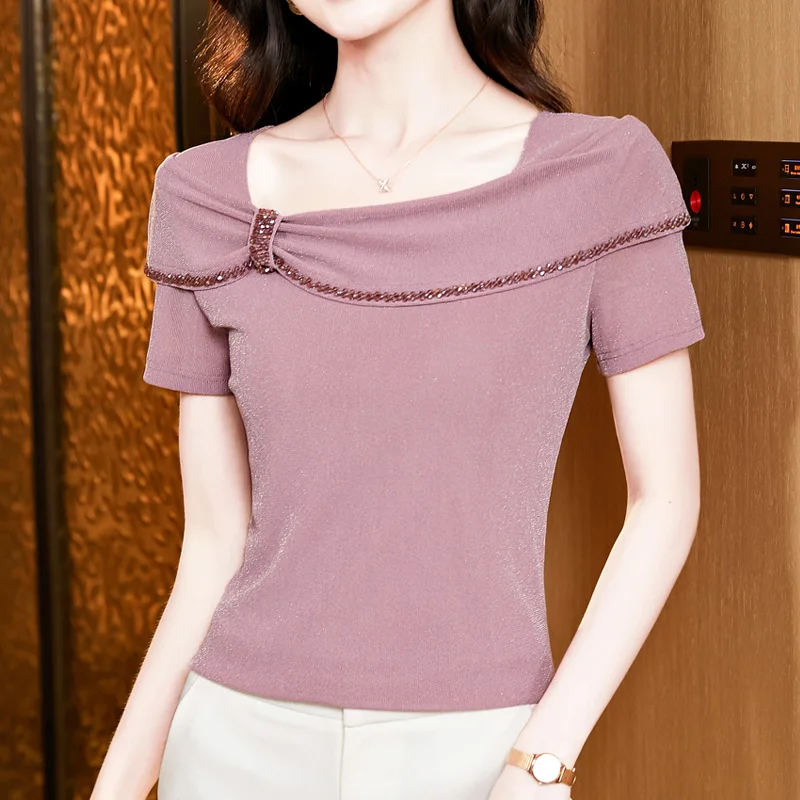 

Женская летняя сетчатая футболка с квадратным вырезом и бисером, однотонная, с коротким рукавом, эластичный, с рюшами, повседневный топ