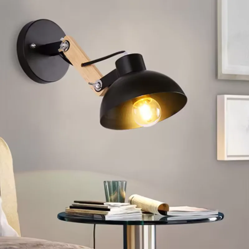 Minimalist Bedside LED Adjustable Wall Lamp Nordic Bedside Bedside Iron Wood Wall Light Black with Switch Plug Wall Lights Home