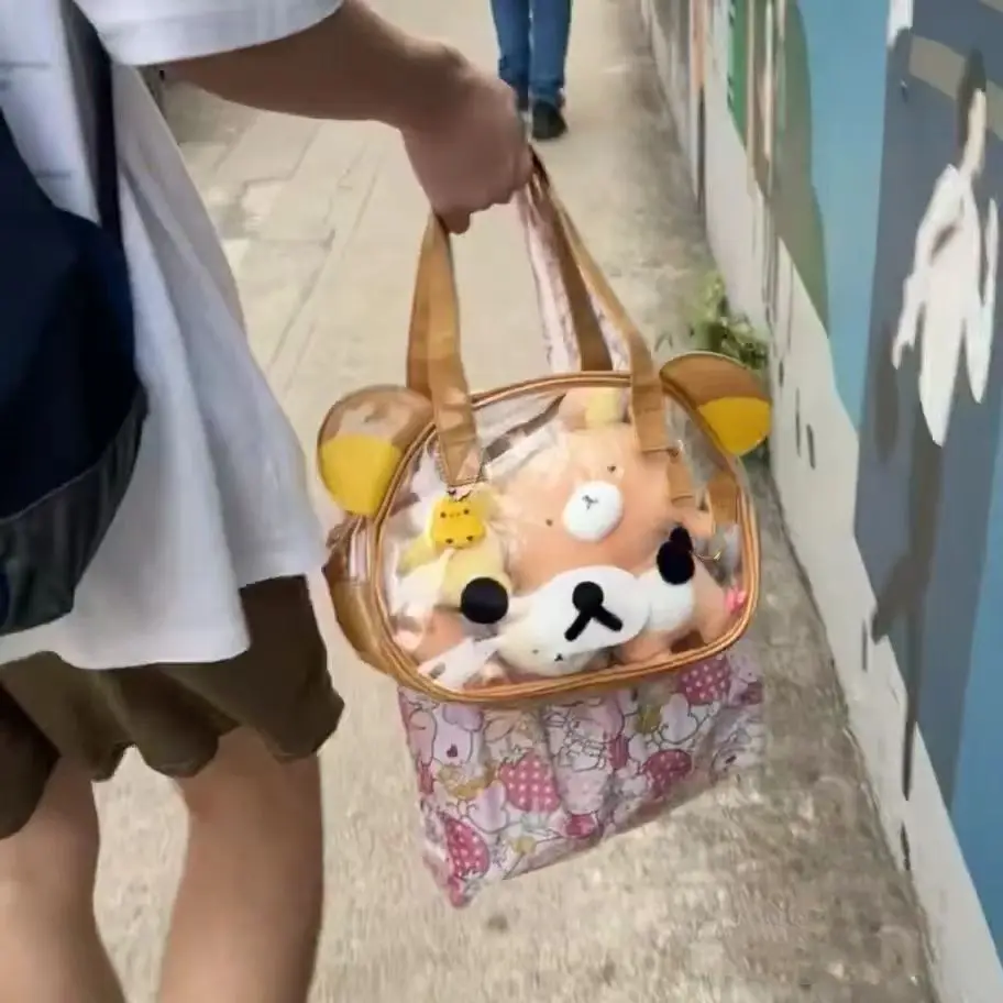 2024 new Rilakkuma transparent bag cute female Tot handle daily versatile bag toy storage bags tote bag