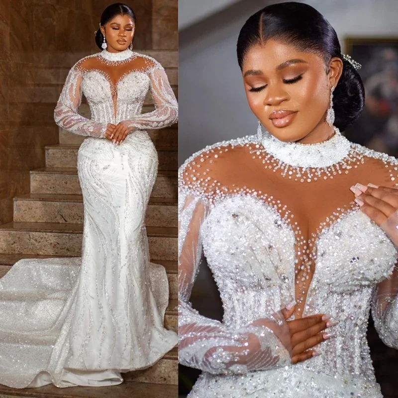 Maßgeschneiderte Aso Ebi High Neck Shinny Kristalle Perlen Brautkleid Robes De Mariee Lange Ärmel Open Back Meerjungfrau Brautkleider