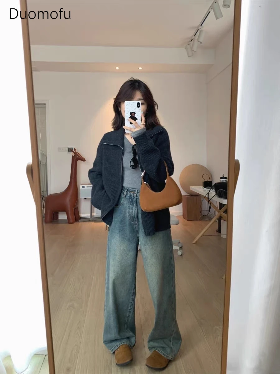 Duomofu Retro Blue Autumn Chic Washed Loose Women Jeans New Basic Zipper Simple Pocket Fashion Classic Full Length Female Jeans