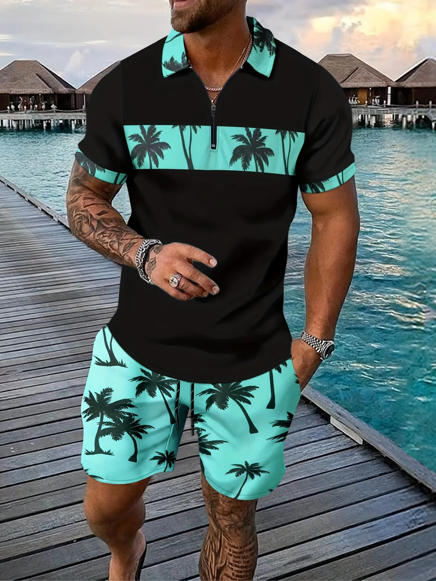 Men's Holiday Style Outfit Zipper Polo Shirt Short Sleeve Sets Summer Beach Travel Daily Casual Trend Loose Breathable Two Piece