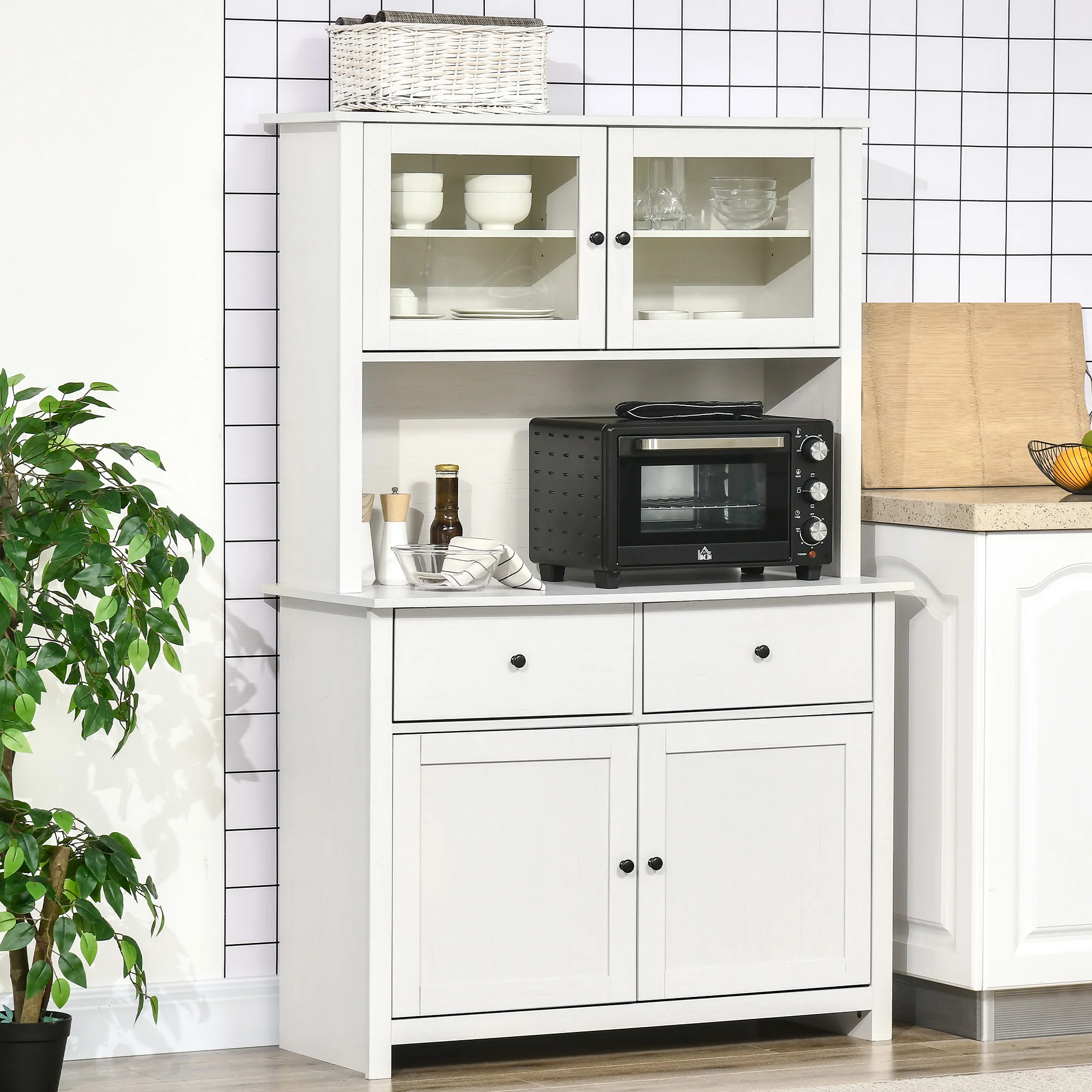 HOMCOM 63.5" Kitchen Buffet with Hutch, Pantry Storage Cabinet with 4 Shelves, Drawers, Framed Glass Doors, Open Microwave Countertop, Antique White image 2