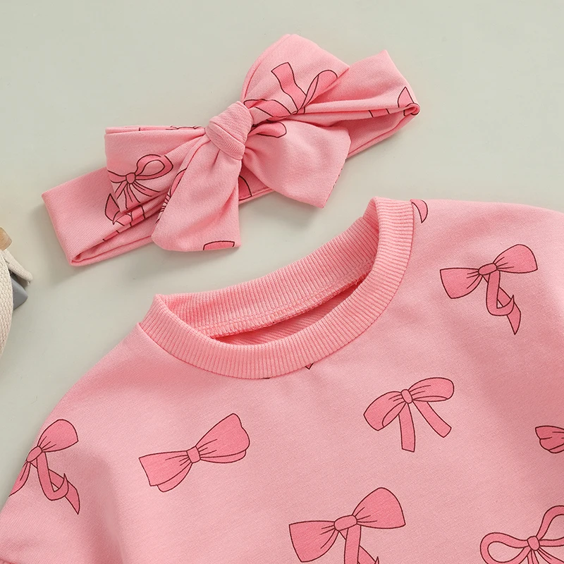 Baby Girl Fall Outfit Bow Print Crew Neck Long Sleeve Sweatshirt Romper Tie-up Headband 2 Pieces Set