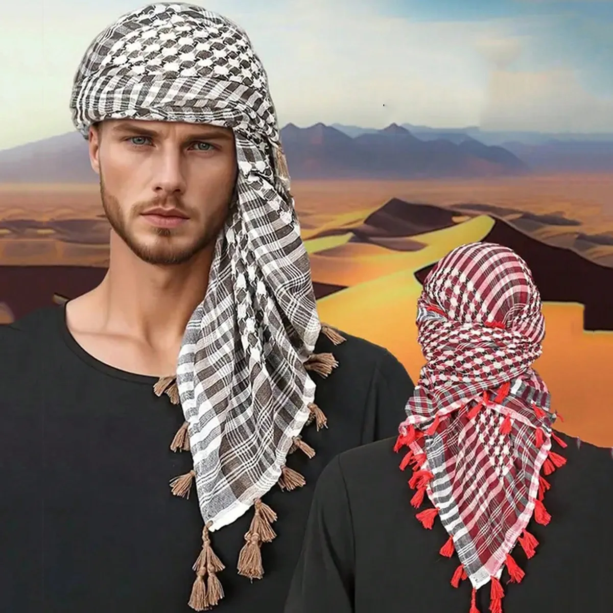 

Best-selling Men's Vintage Plaid Square Scarf with Fringes, Arabic Style Multi-functional Headscarf