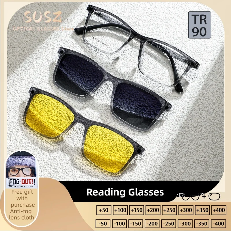 SUSZ Fashion Round Magnet Clip On Polarized Sunglasses men Optical Anti Blue Ray Myopia Progressive Prescription Eyeglasses