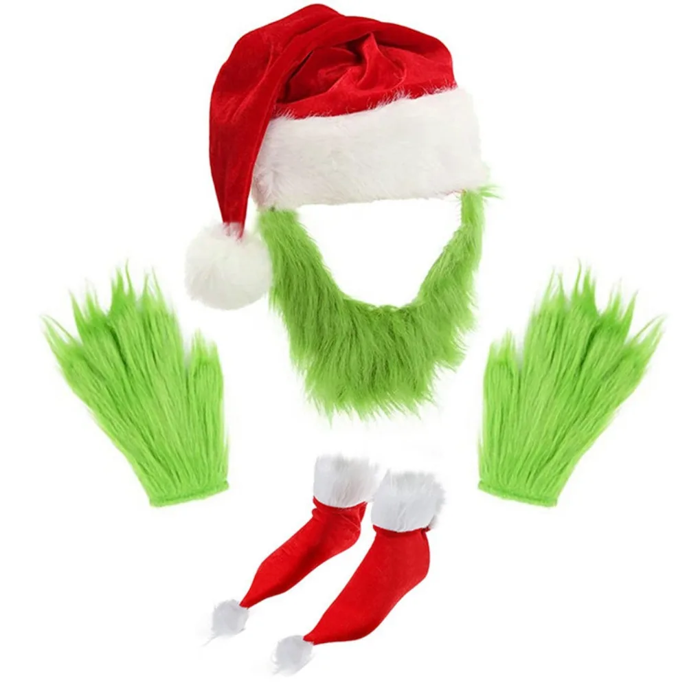 Gorro de Papá Noel con barba verde y guantes peludos para adultos, conjunto de juego de rol de personajes navideños, accesorios de disfraz de Cosplay para hombre