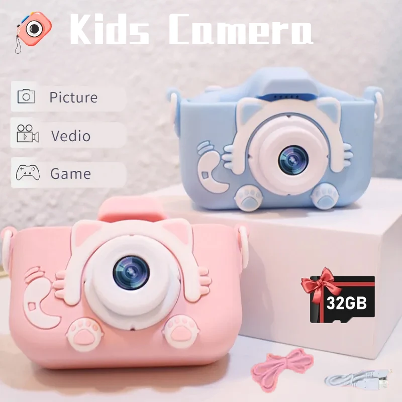 X2 Enfants Caméra 32G Mini Numérique Dessin Animé Chat Cam Jouets Éducatifs Pour Enfants HD Caméra Vidéo En Plein Air Photographie Jouet De Noël Cadeaux