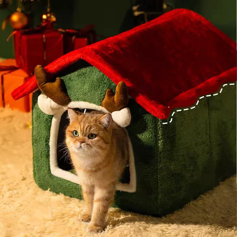 2024 Foldable Winter Christmas Pet House Detachable Thickened Closed Cat House Cats Bed Tent Four Seasons Universal Cat/Dog Nest