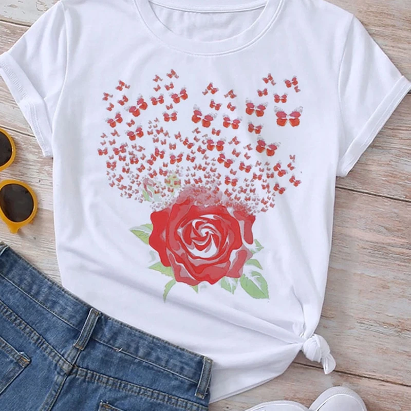 T-Shirt donna Harajuku Graphic Tees donna magliette manica corta abbigliamento camicetta femminile farfalla cuore stampa T Shirt estate top