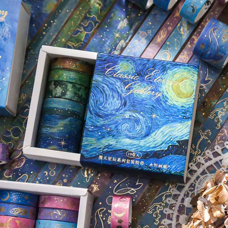 Mr. Paper 4 Style 10roll/box Vintage Starry Sky Oil Painting Tape Set Creative Butterfly Hand Account  Decoration Washi Tape