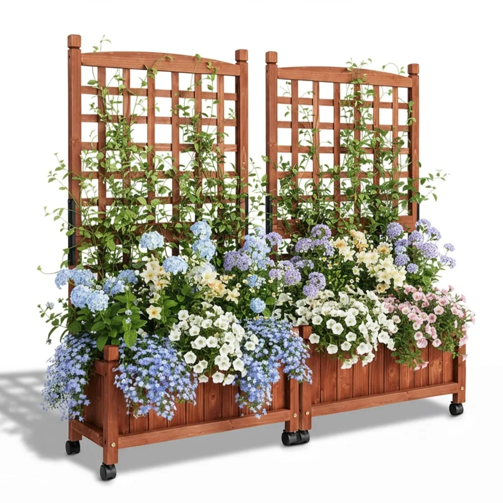

2PC Wooden Planter with Trellis, 50" Height Elevated Garden Beds Outdoor with Wheels, Free Standing Planter Box, Customized