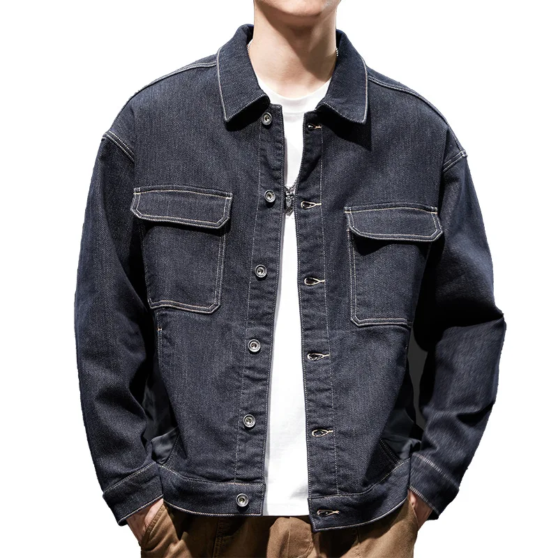 Spring and autumn cargo denim coat men loose large size dark blue retro casual jacket jacket