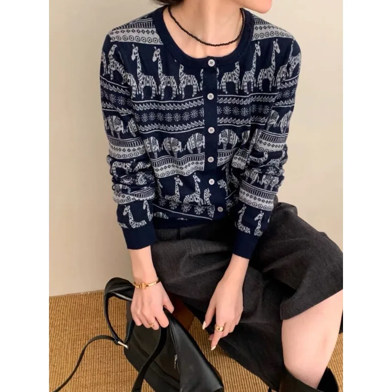 

Женский винтажный жаккардовый мягкий шерстяной вязаный кардиган с героями мультфильмов, осенне-зимний модный свободный однобортный свитер с круглым вырезом