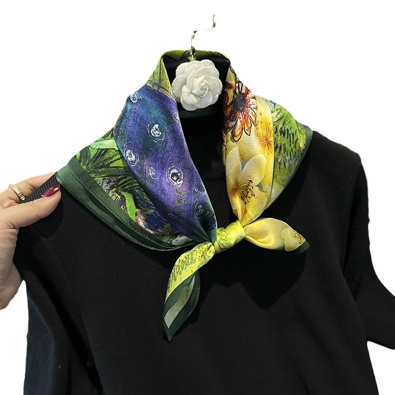 100% Pure Silk Scarf Women Neck Hair Band Foulard Square Small Headband 2024 Fashion Print Neckerchief Scarves Bandana 53*53cm