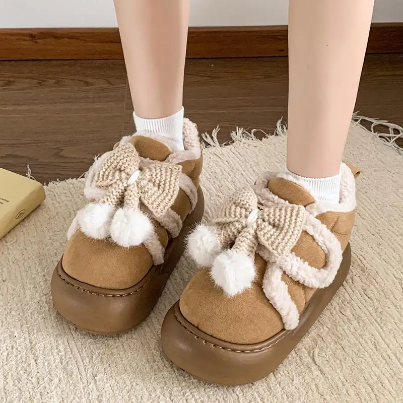 

Cute Fluffy Winter Boots for Women 2025 Faux Fur Bowtie Pink Snow Boots Warm Plush Ball Woman's Ankle Boots Shoes Zapatos Mujer