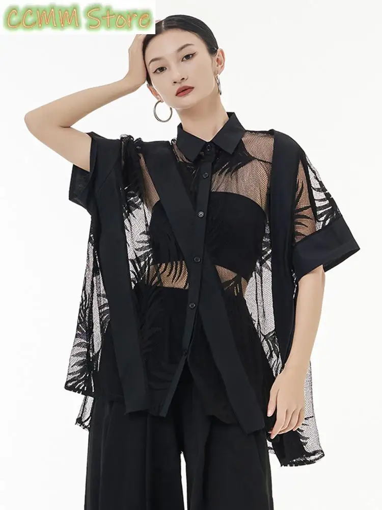 Women Black Lace Perspective Big Size Blouse New Lapel Half Sleeve Loose Fit Shirt Fashion Tide Spring Summer