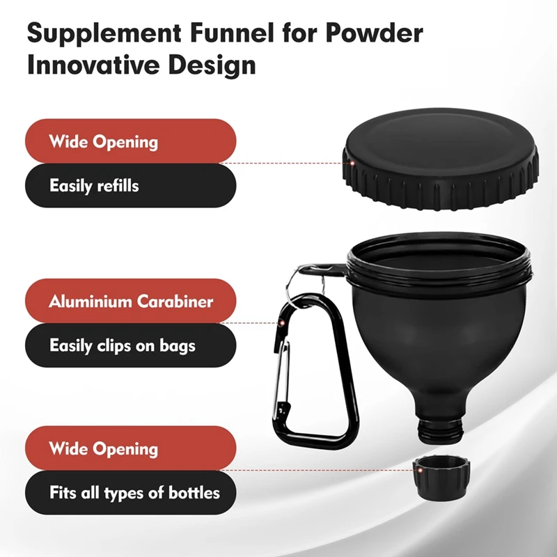 4Pack Portable Protein Powder Travel Container to Go, Protein Powder Funnel with Carabiner & Reinforced Caps