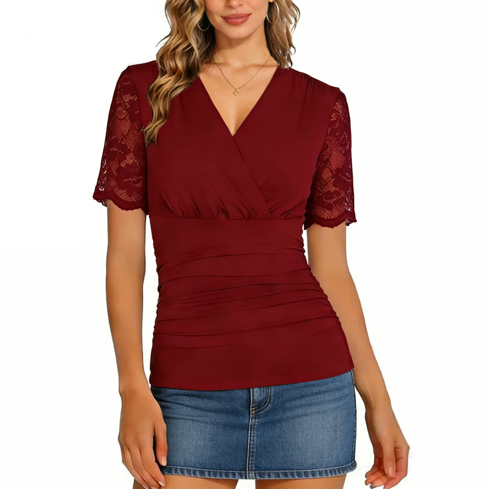 

Женские летние топы с V-образным вырезом, блузка с короткими рукавами и рюшами, кружевная рубашка с цветочным узором для выхода в свет