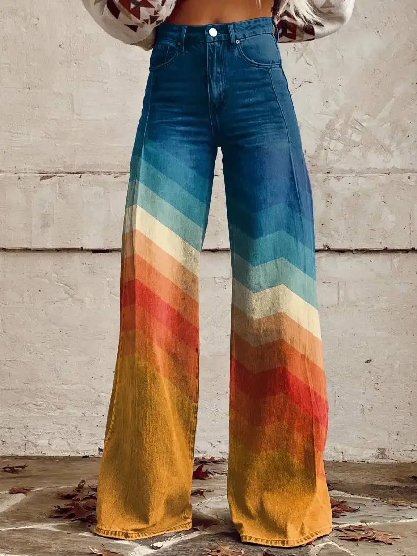 Women\'s Printed Colored Denim Wide Leg Pants Casual Fashion Comfortable Mid-Length Women\'s Pants Striped Ladies Wide Leg Pants