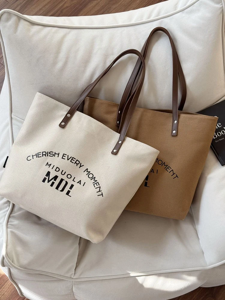 

Hylhexyr Letter Printed Shoulder Bag Cotton Canvas Tote Shopper Bags With Leather Handles For Women