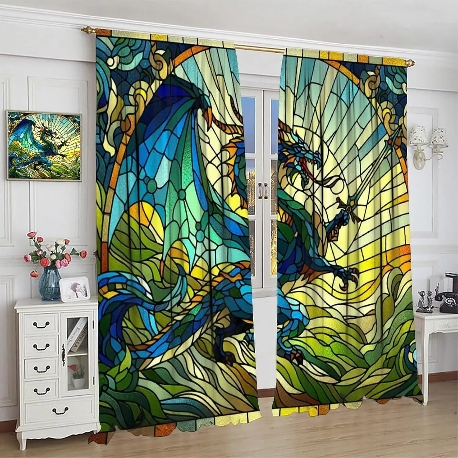 Dragon Curtains,Colorful Glass Mid Century Abstract Geometric Drapes for Boys Girls Teen Bedroom Living Room Kitchen Window