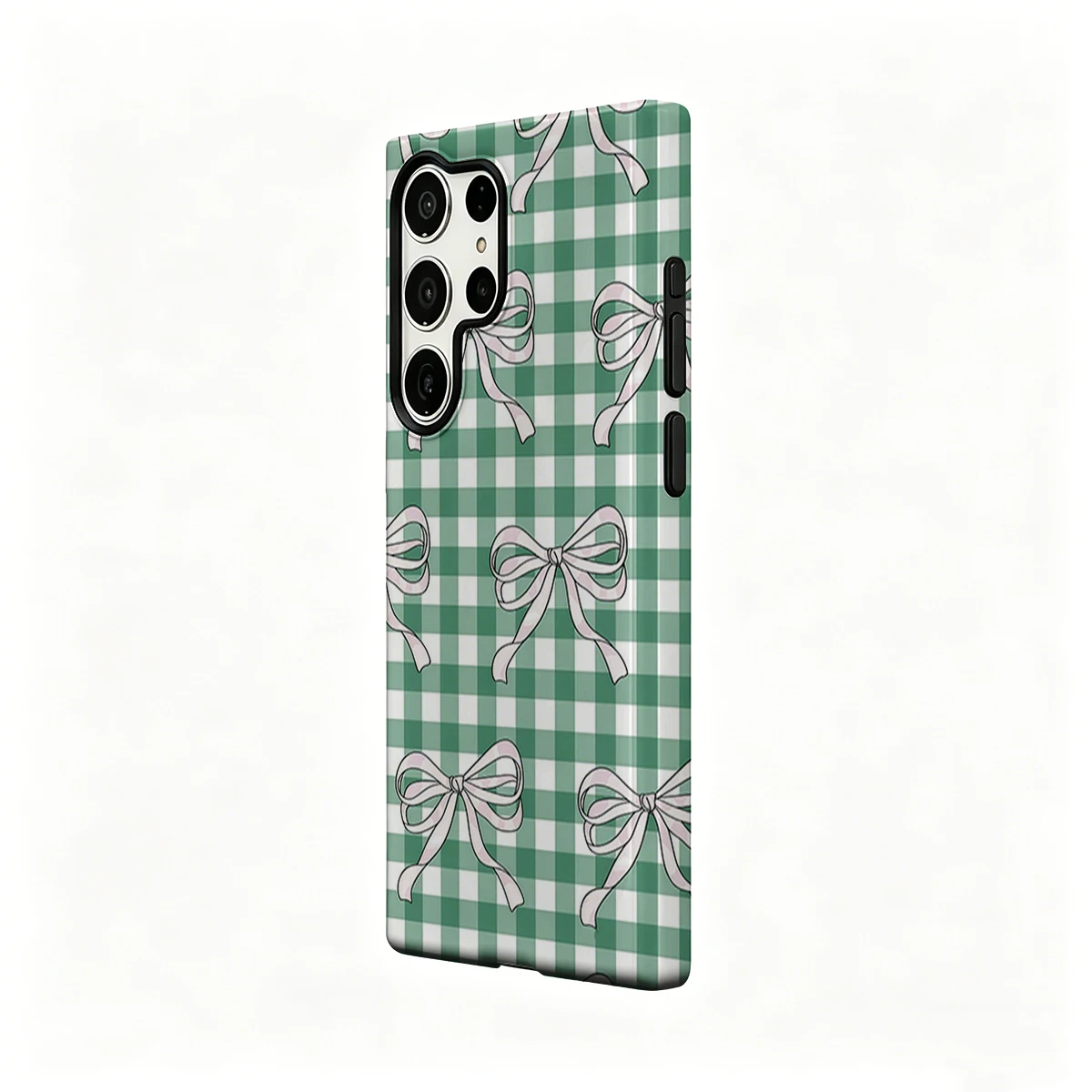 Green Gingham Bow Phone Case for Samsung Galaxy S25 Ultra S24 S23 Ultra Plus Glossy Double-layer Back Cover