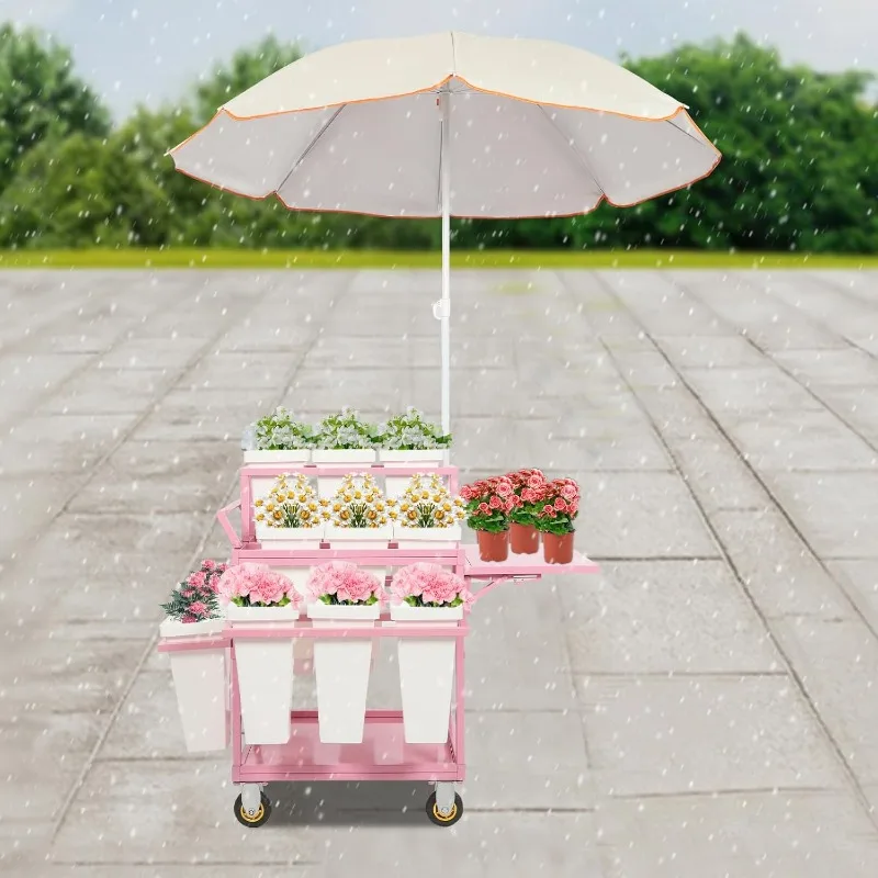 Wagen-Pflanzenständer, rollendes Blumen-Präsentationsregal aus Metall mit 18 Eimern und Sonnenschirmen, mehrere Blumentopfhalter-Regal für H