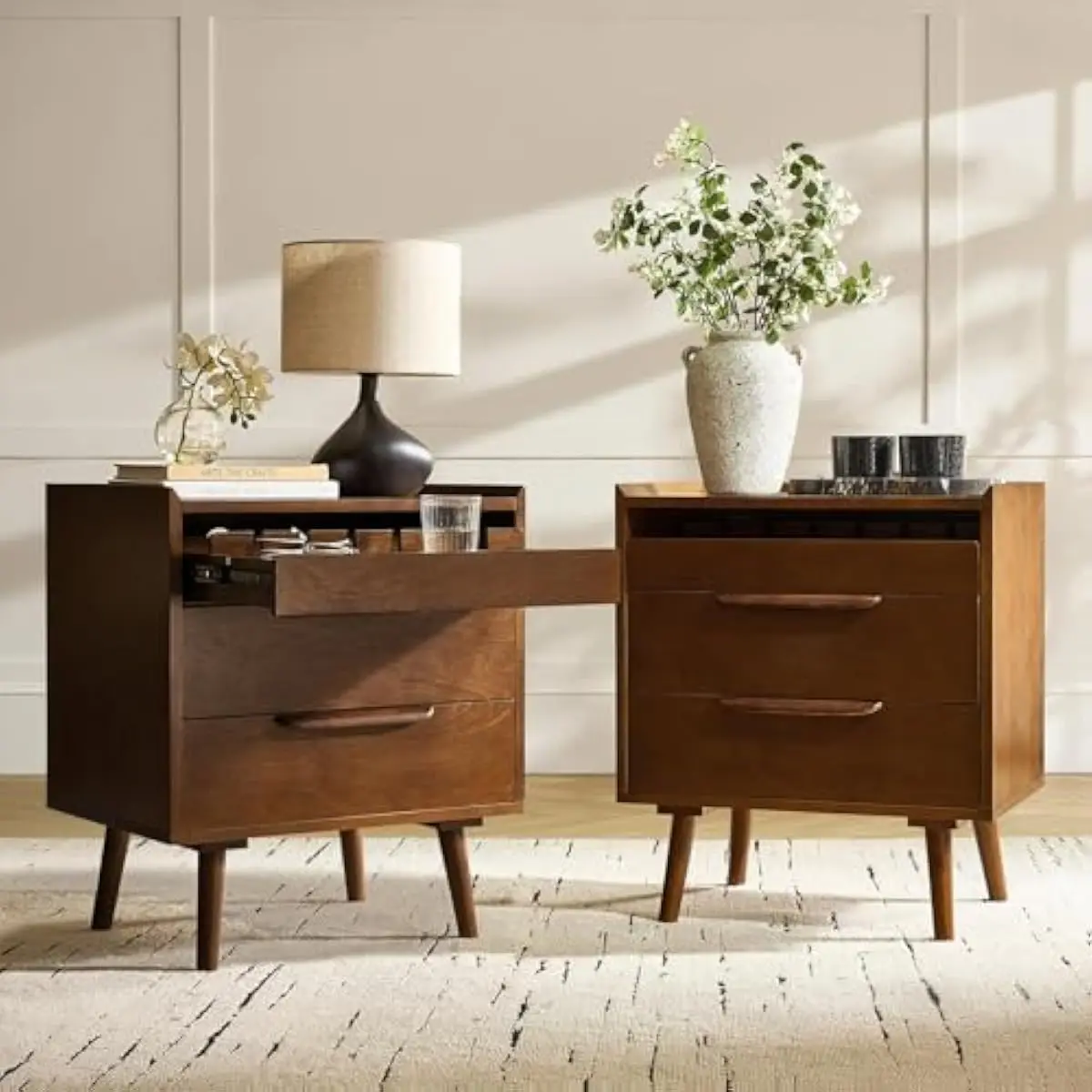 Two-tier walnut-finish end table set with integrated charging tray and concealed cable routing system plus dual storage drawers