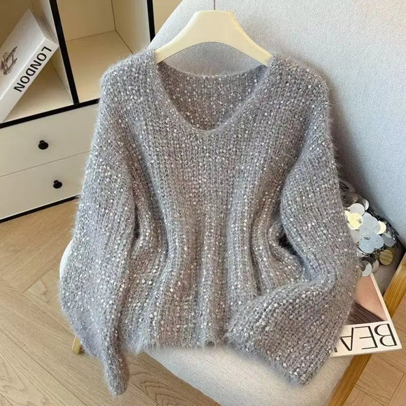 Womens Autumn Winter Sequin V Neck Sweater Loose Lazy Style Faux Mink Hair Short Knit Pullover S 4XL