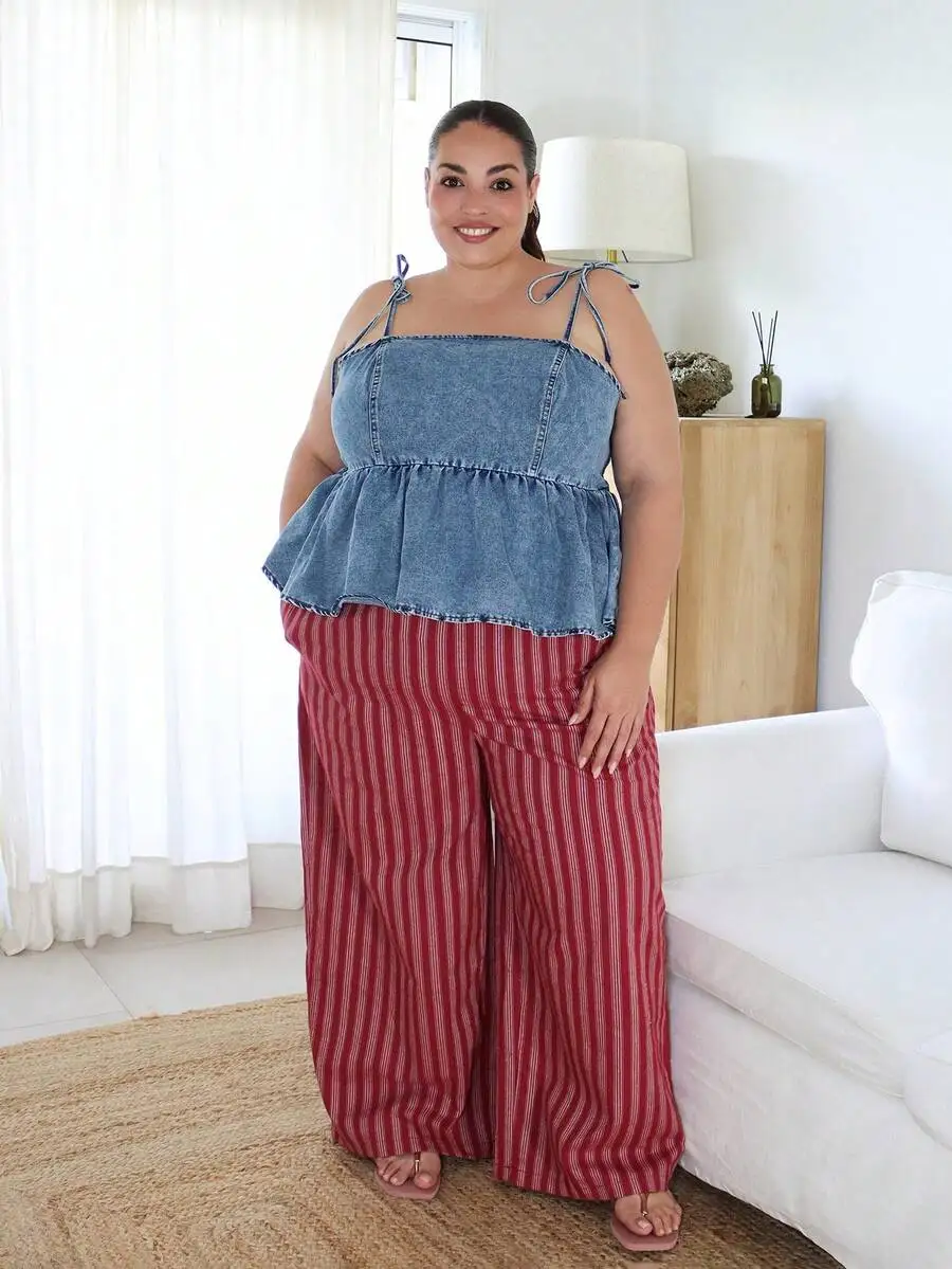 Pretty and Ole Plus Size Versatile Casual Simple Cotton Rope Tie Waist Red Striped Wide Leg Pants