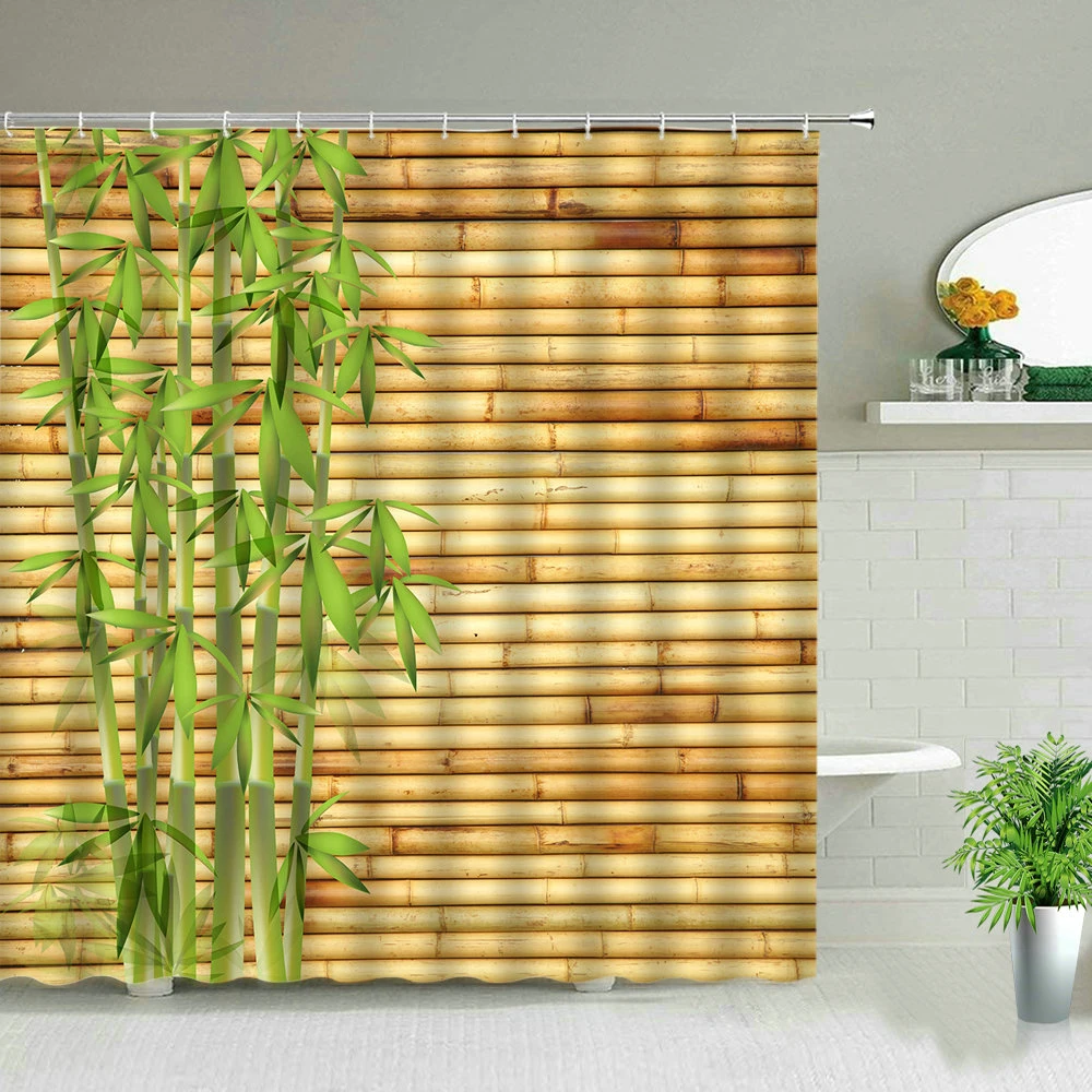 Yellow Green Bamboo Lotus Shower Curtain Bathroom Curtains Plant Flower Natural Scenery Fabric Background Wall Decor Screen Hook