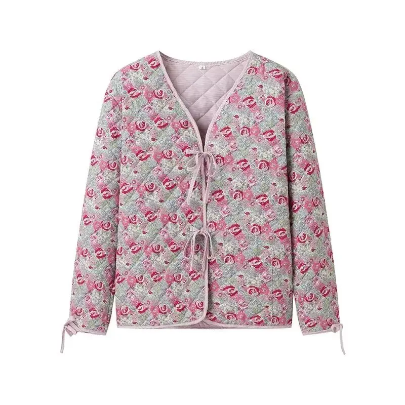 Chaquetas acolchadas florales para mujer, Chaqueta con botones y lazo Vintage, trajes dulces, ropa elegante, 2024