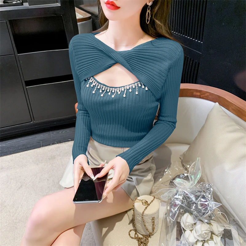 Sweater Women 2023 Spring Autumn New O-Neck Hollow Out Streetwear Solid Knitted Sweaters Slim Korean Fashion Pullovers