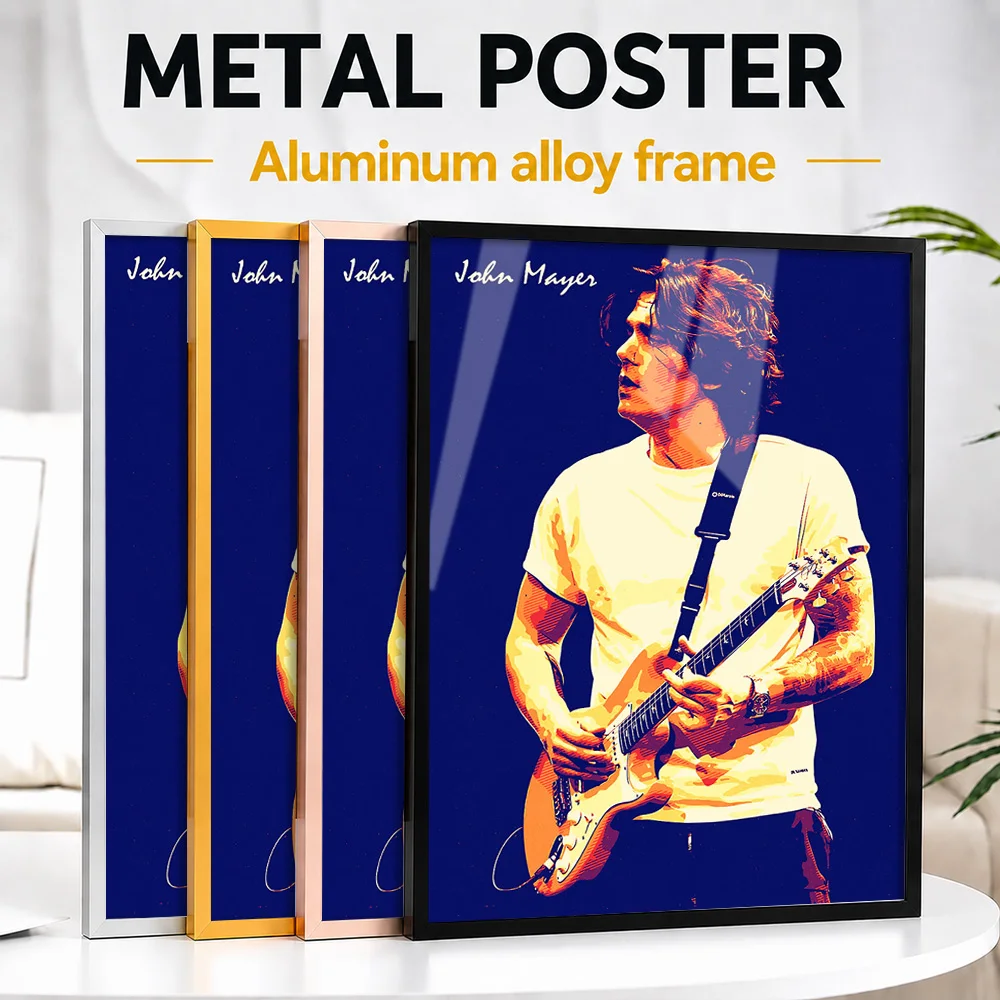 John Mayer Playing Guitar, Pop Color Framed Metal Print Customized Photo High Contrast Graphic Style Wall Art For Home Office