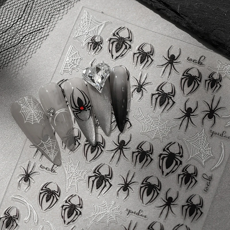 Pegatinas autoadhesivas de araña 3d para decoración de uñas, 1 hoja, calcomanías para manicura