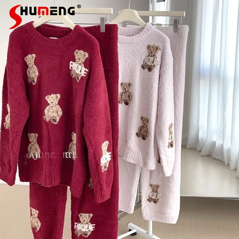 

Осенне-зимние пушистые флисовые милые пижамные комплекты для женщин: свитшот с круглым вырезом и длинные брюки, теплый домашний костюм для сна