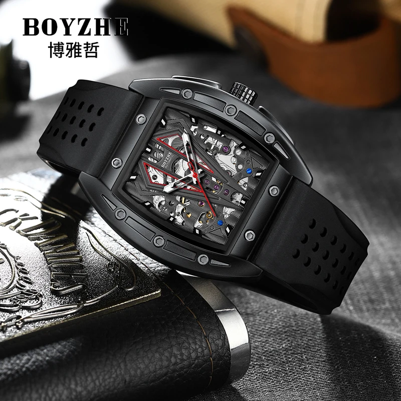 BOYZHE Mechanical Wristwatches Luxury Men Watches Business Silicone Strap Fashion Automatic Skeleton Watch Waterproof Male Clock